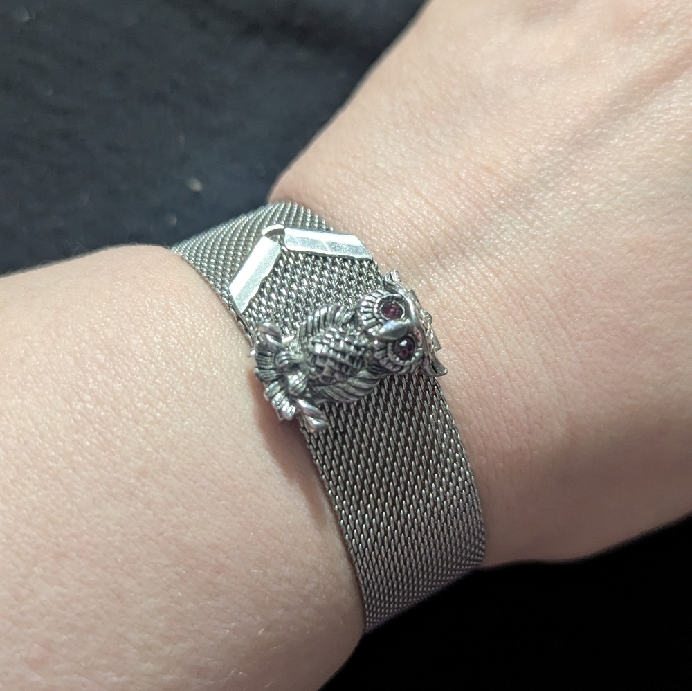 Vintage Sarah Coventry Silver Owl with Purple Rhinestone Eyes Mesh Bracelet
